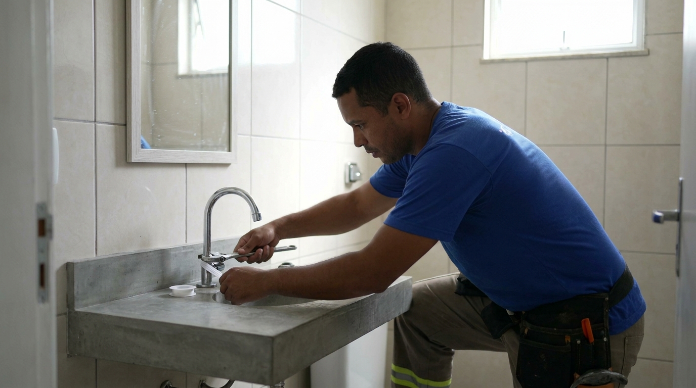 Encanador instalando torneira em São José do Rio Preto‑SP