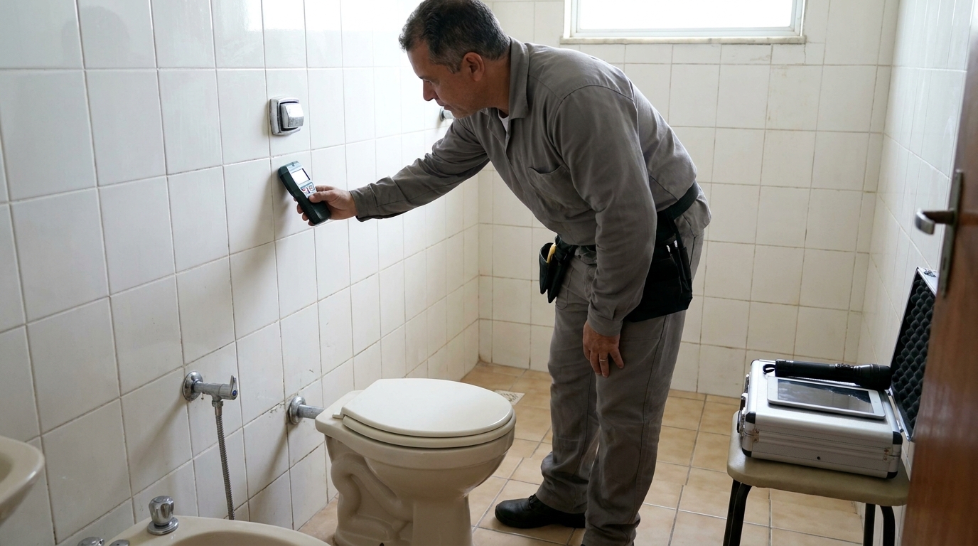 Técnico de caça vazamento analisando tubulação em São José do Rio Preto‑SP