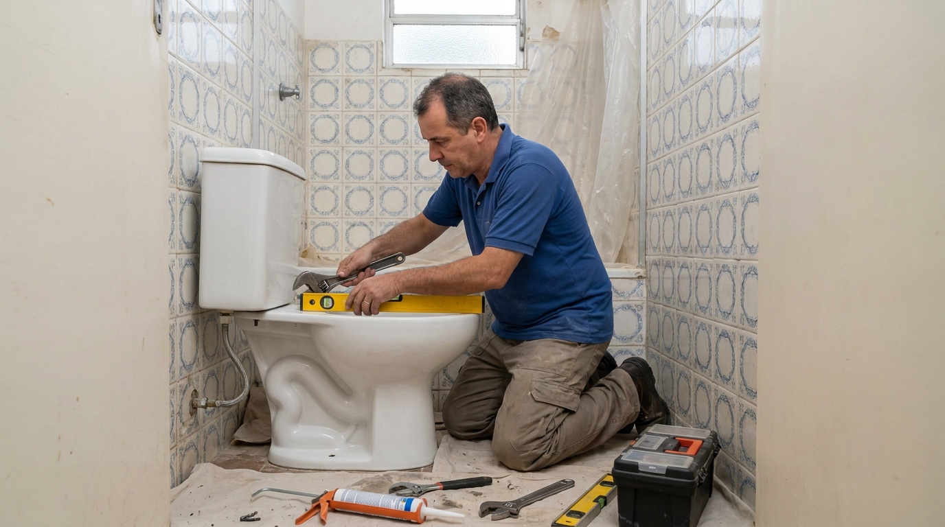 Técnico instalando vaso sanitário em São José do Rio Preto‑SP